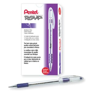 pentel® r.s.v.p.® ballpoint pens, medium point, 1.0 mm, clear barrel, violet ink, pack of 12