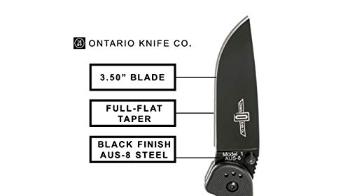 Ontario Knife Company 8846 Rat-1 Black Coated AUS-8 Stainless Steel 3.6 in Plain Edge Blade Nylon Handle 4-Position Reversible Clip Folding Knife for Outdoor, Tactical, Survival & EDC (Black)