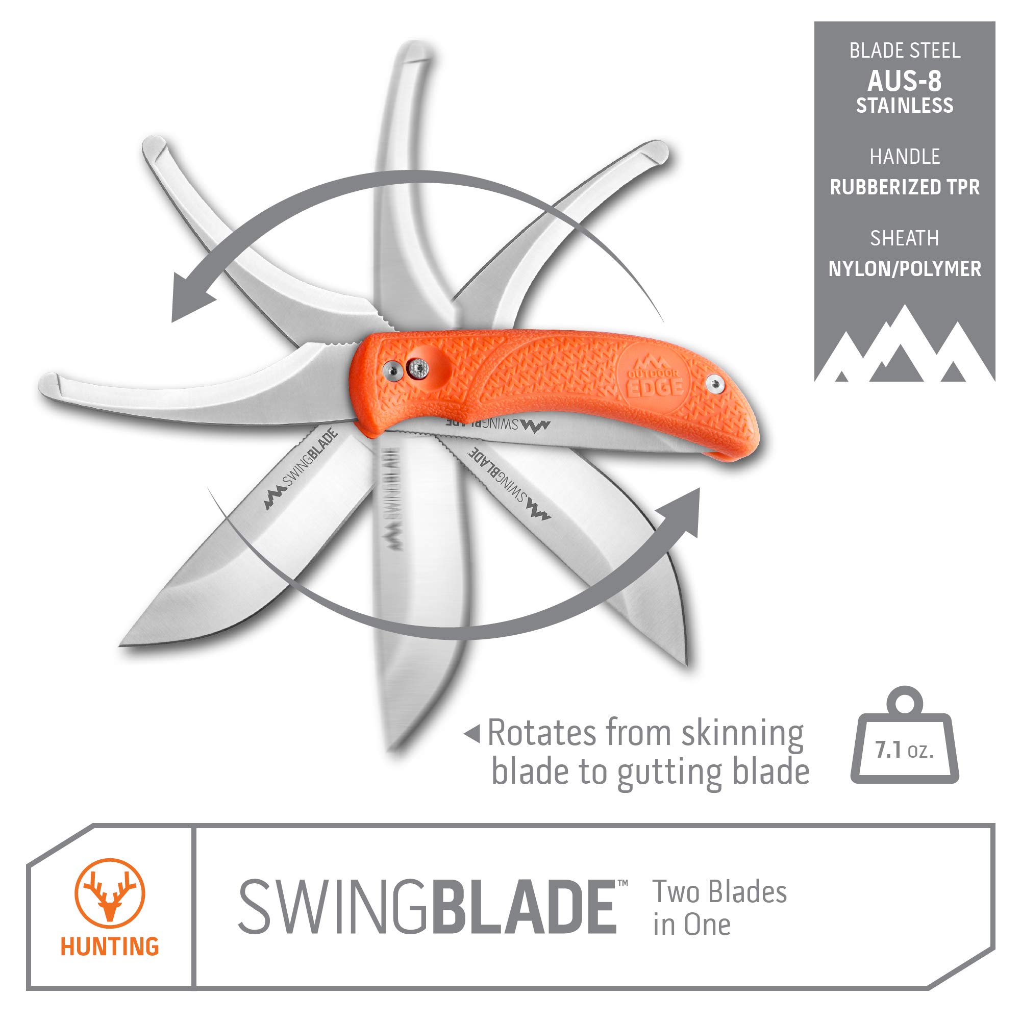 OUTDOOR EDGE SwingBlaze - Two Blades in One, Rotating Skinning and Gutting Fixed Blade Hunting Knife - Includes Nylon Sheath (Orange)