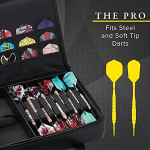 Casemaster The Pro Leatherette Dart Case with Leather-Like Exterior Covering, Holds 9 Steel Tip or Soft Tip Darts with 15 Built-in Pockets for Accessories and Plastic Tubes and Containers for Even More