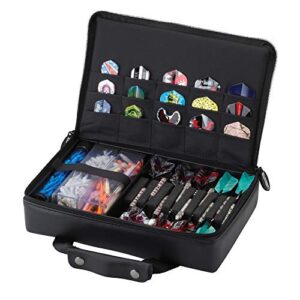 Casemaster The Pro Leatherette Dart Case with Leather-Like Exterior Covering, Holds 9 Steel Tip or Soft Tip Darts with 15 Built-in Pockets for Accessories and Plastic Tubes and Containers for Even More