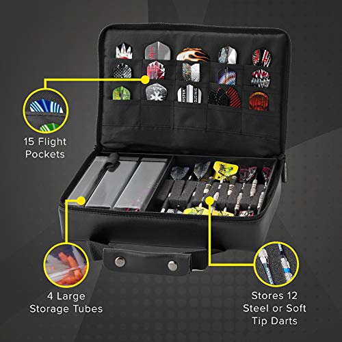 Casemaster The Pro Leatherette Dart Case with Leather-Like Exterior Covering, Holds 9 Steel Tip or Soft Tip Darts with 15 Built-in Pockets for Accessories and Plastic Tubes and Containers for Even More