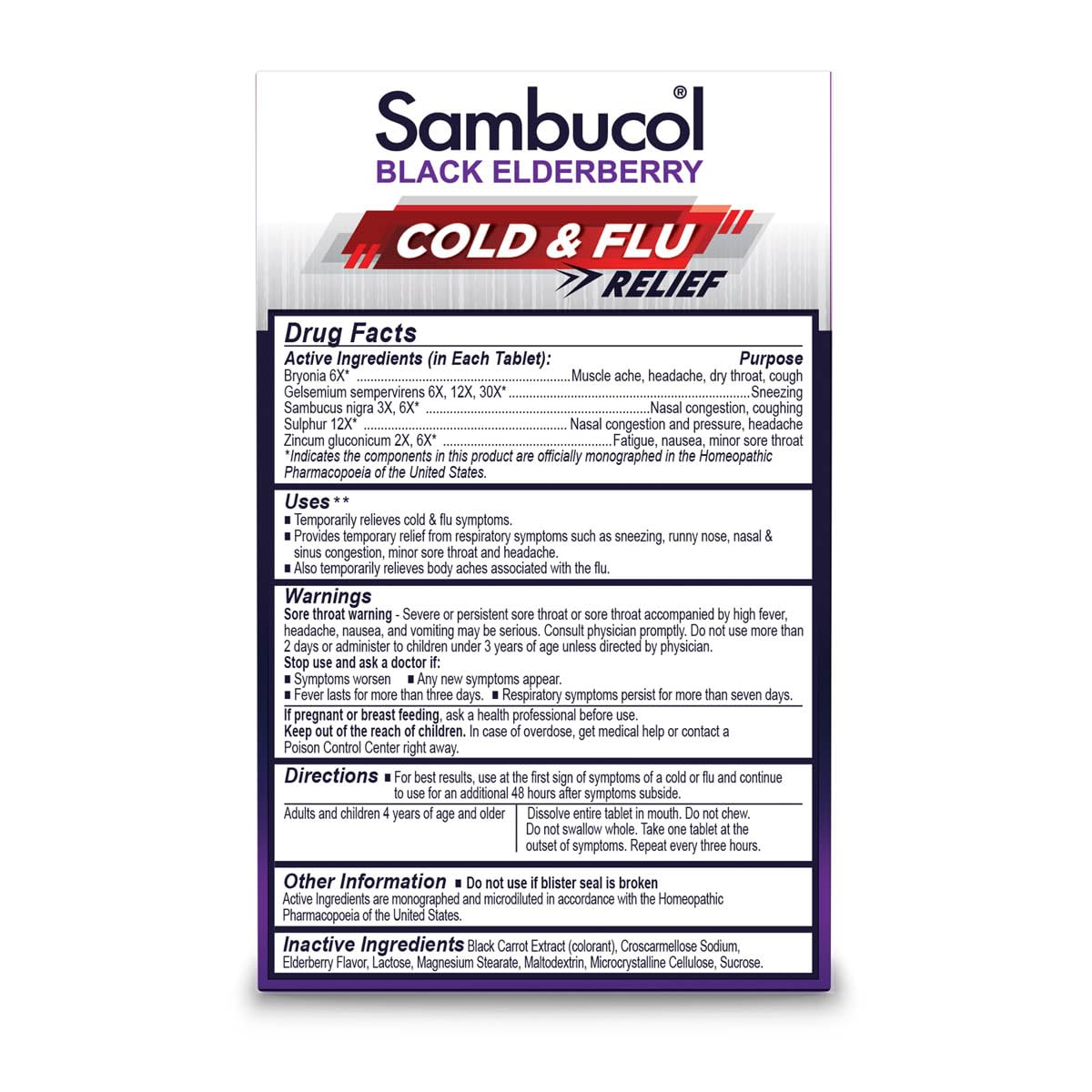 Sambucol Cold and Flu Relief Tablets - Homeopathic Cold Medicine, Cold Remedy for Adults, Black Elderberry for Colds, Zinc Cold Remedy - 30 Count