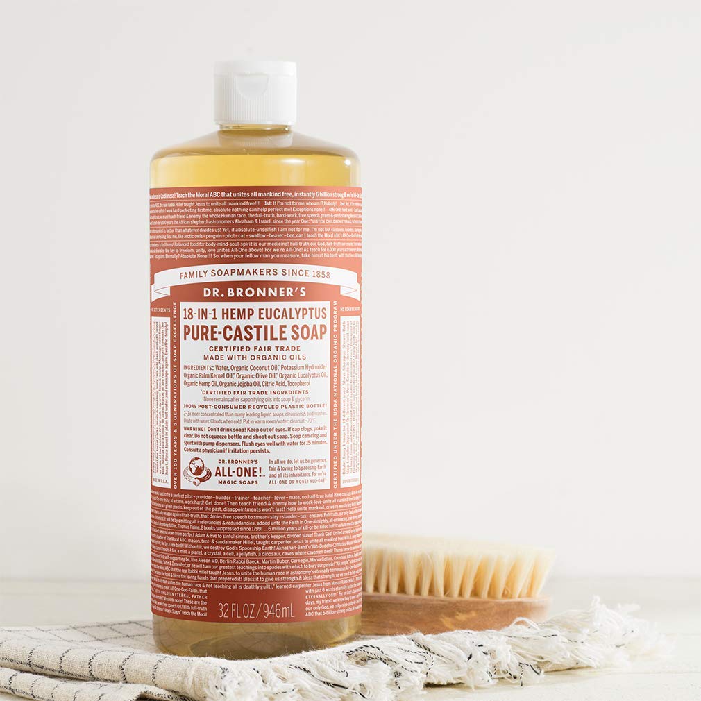 Dr. Bronner's - Pure-Castile Liquid Soap (Eucalyptus, 32 ounce, 2-Pack) - Made with Organic Oils, 18-in-1 Uses: Face, Body, Hair, Laundry, Pets and Dishes, Concentrated, Vegan, Non-GMO