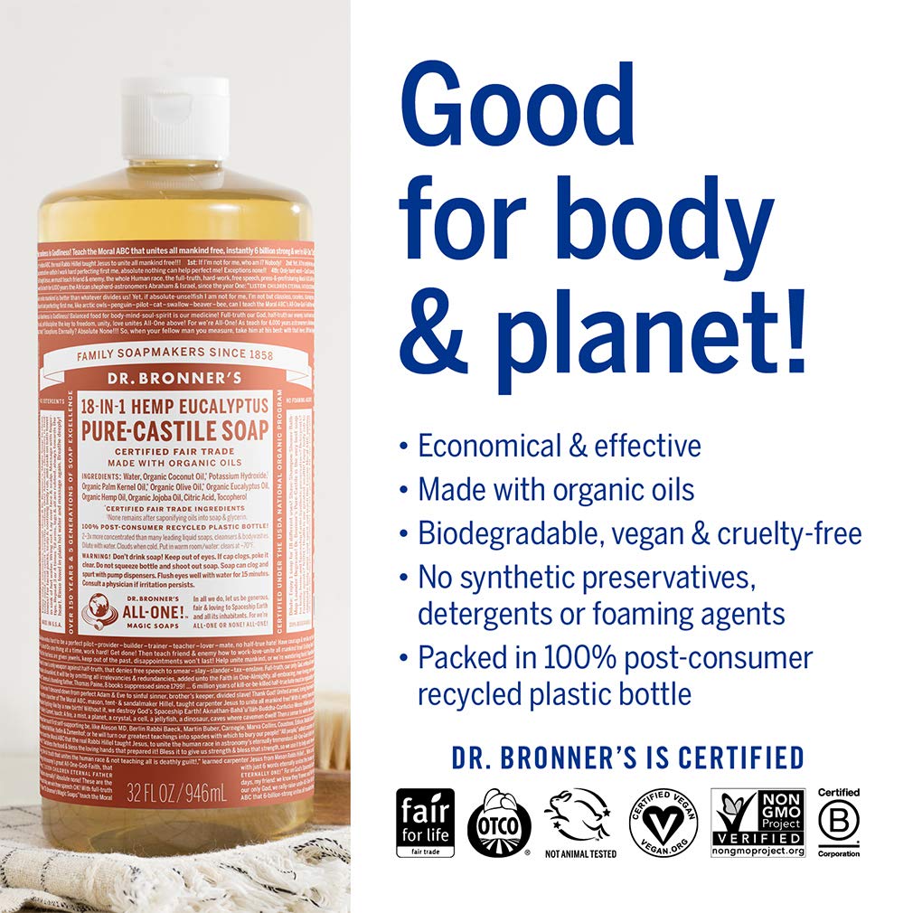 Dr. Bronner's - Pure-Castile Liquid Soap (Eucalyptus, 32 ounce, 2-Pack) - Made with Organic Oils, 18-in-1 Uses: Face, Body, Hair, Laundry, Pets and Dishes, Concentrated, Vegan, Non-GMO