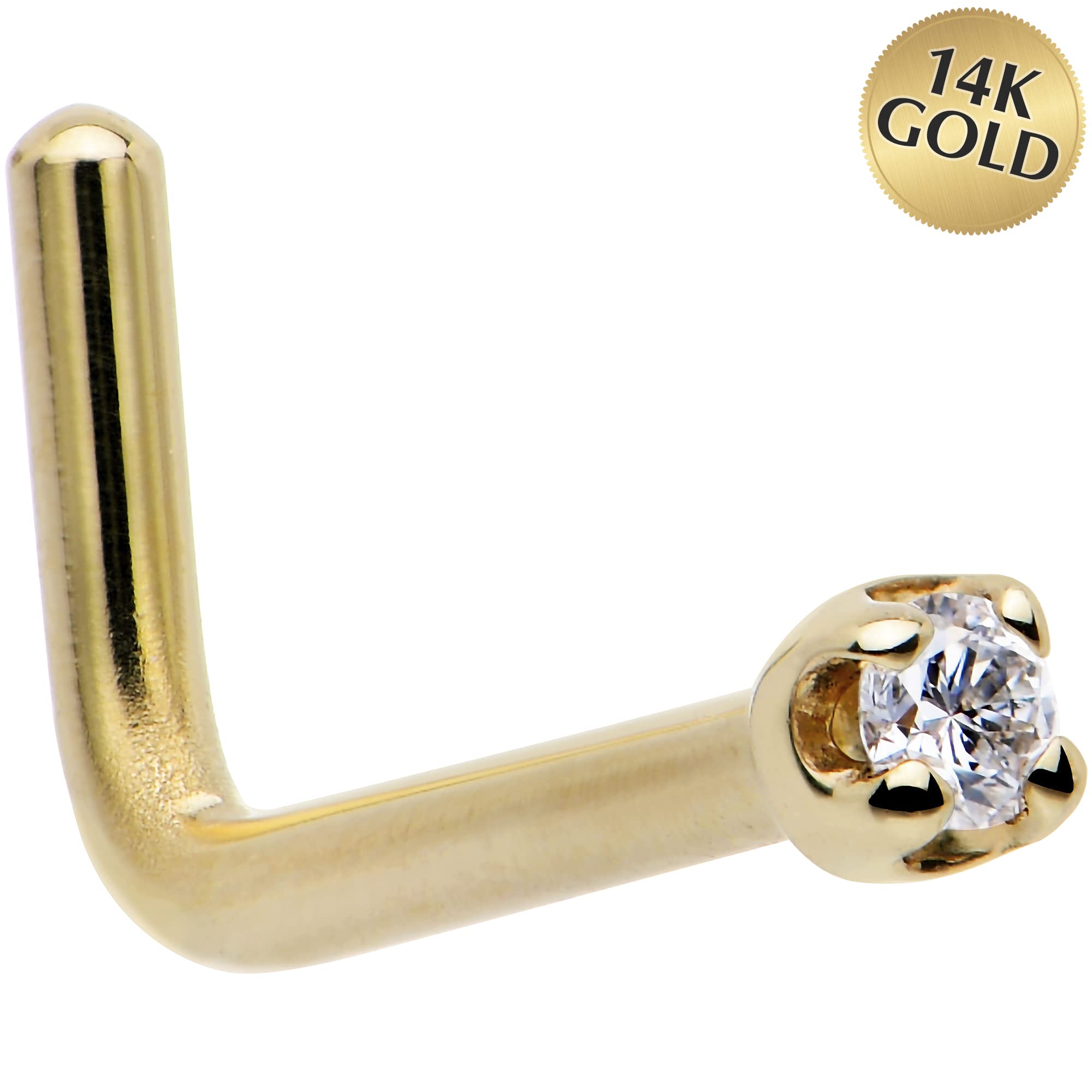 Body Candy Solid 14k Yellow Gold 1.5mm (0.015 cttw) Genuine Diamond L Shaped Nose Stud Ring 18 Gauge 1/4"