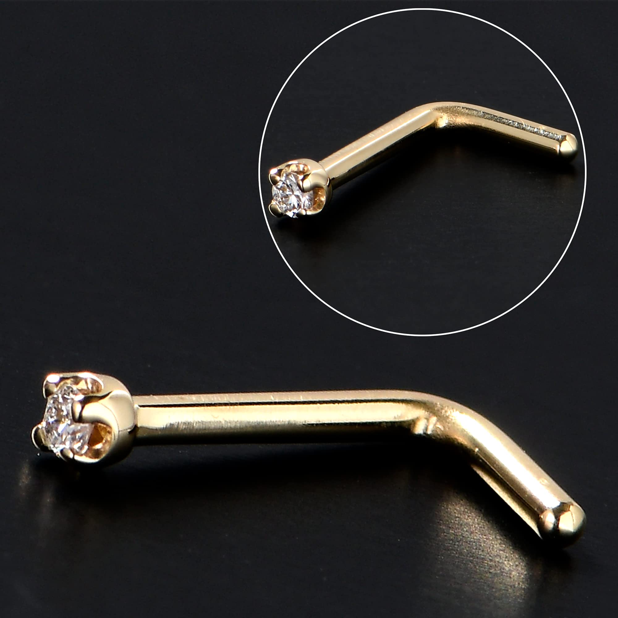 Body Candy Solid 14k Yellow Gold 1.5mm (0.015 cttw) Genuine Diamond L Shaped Nose Stud Ring 18 Gauge 1/4"