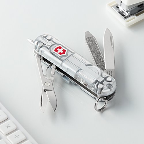 Victorinox Signature Lite Swiss Army Knife, Compact 7 Function Swiss Made Pocket Knife with Pressurized Ballpoint Pen, LED and Key Ring - Silver Tech