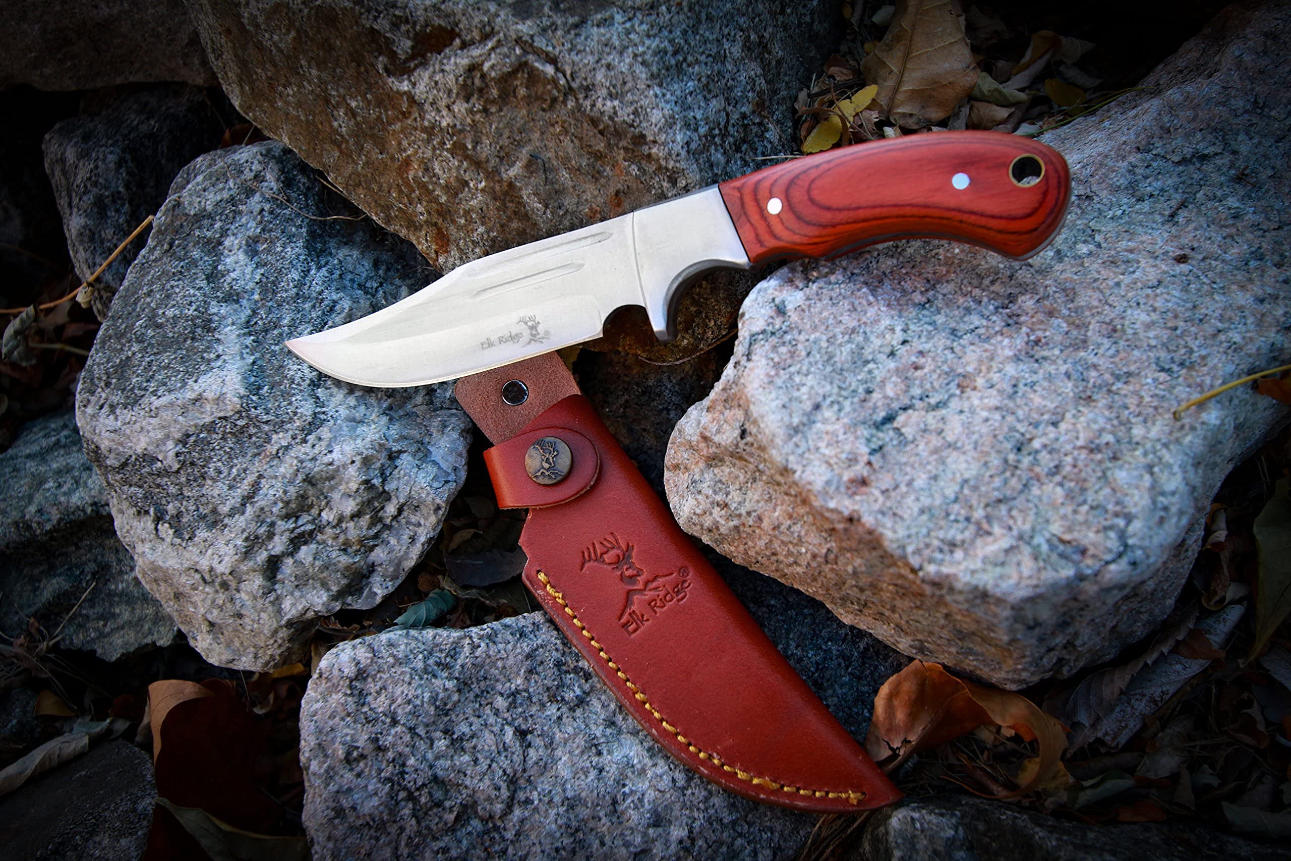 Elk Ridge - Outdoors Fixed Blade Knife - 9.5-in Overall, Mirror Finished Stainless Steel Blade, Full Tang, Wood Handle, Leather Sheath - Hunting, Camping, Survival - ER-052