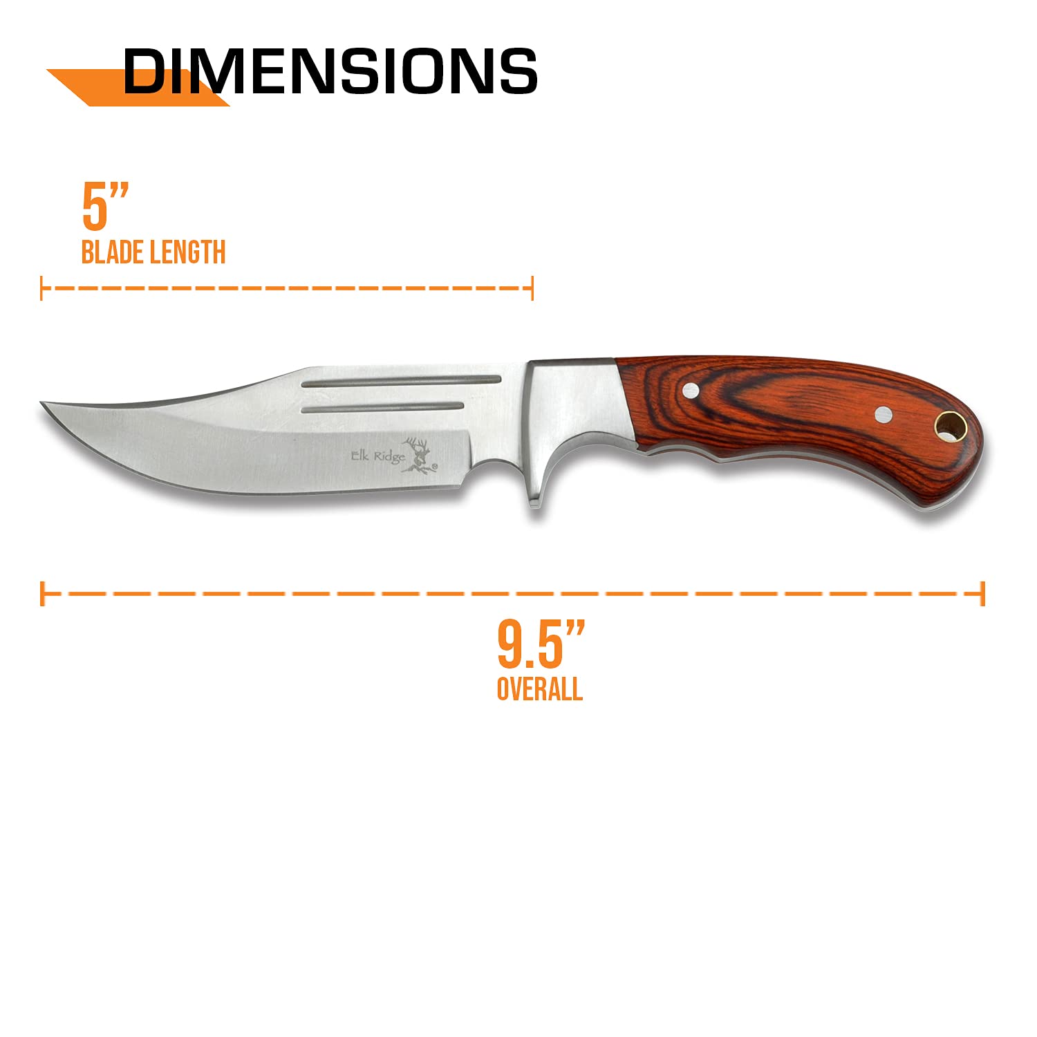 Elk Ridge - Outdoors Fixed Blade Knife - 9.5-in Overall, Mirror Finished Stainless Steel Blade, Full Tang, Wood Handle, Leather Sheath - Hunting, Camping, Survival - ER-052