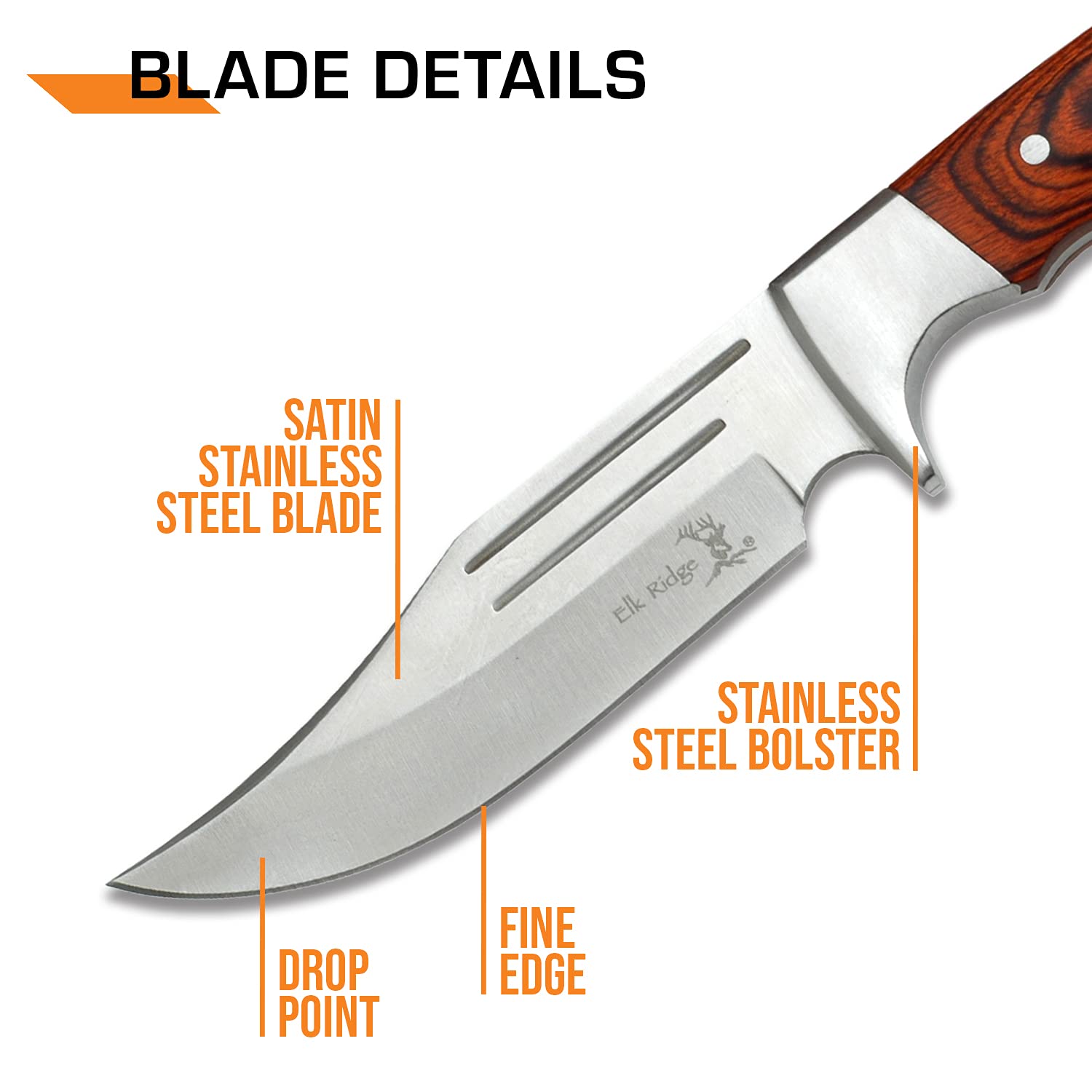 Elk Ridge - Outdoors Fixed Blade Knife - 9.5-in Overall, Mirror Finished Stainless Steel Blade, Full Tang, Wood Handle, Leather Sheath - Hunting, Camping, Survival - ER-052