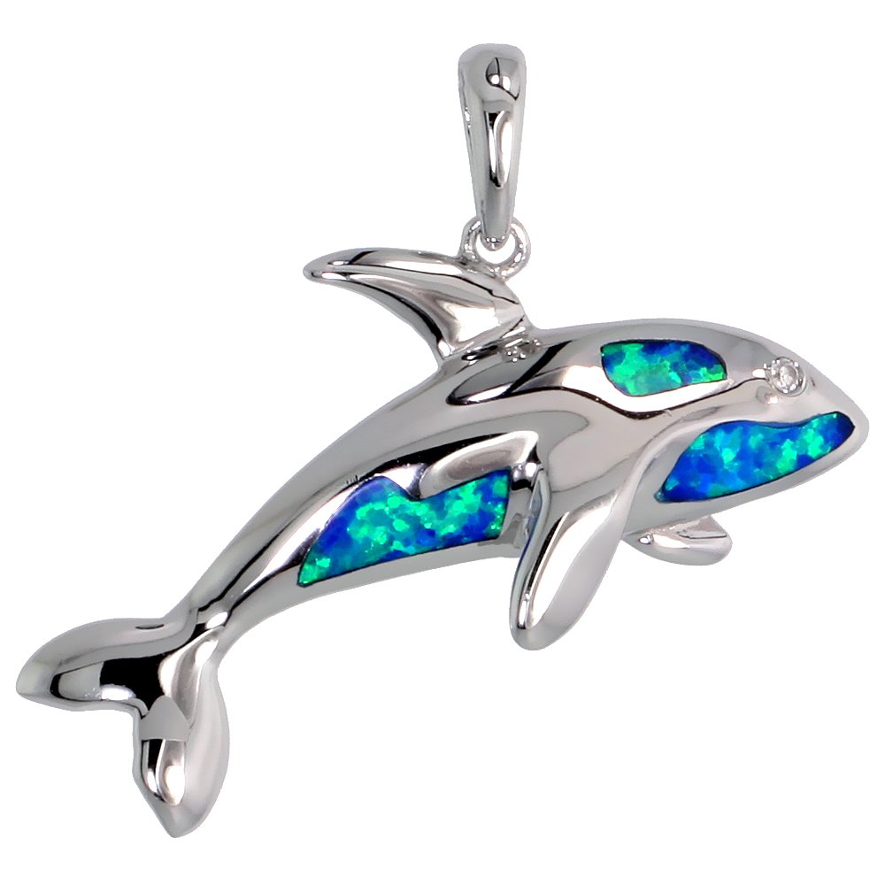 Sterling Silver Synthetic Opal Killer Whale Pendant for Women CZ Accent Hand Inlay 1 1/4 inch tall