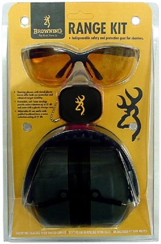 Browning Range Kit Shooting Glasses, Foam Earplugs, and Adjustable-fit Earmuffs Combo Pack