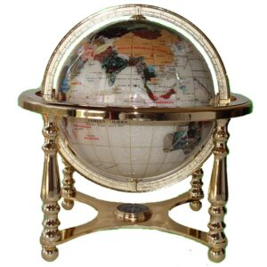 Unique Art 13" Tall 9" Diameter Pearl White Ocean Desktop 4-Leg Gold Stand Gemstone Globe