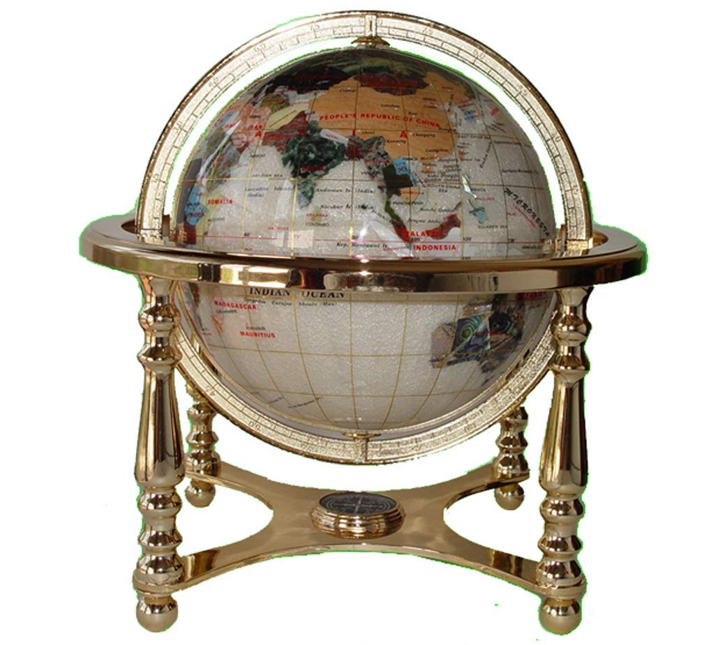 Unique Art 13" Tall 9" Diameter Pearl White Ocean Desktop 4-Leg Gold Stand Gemstone Globe