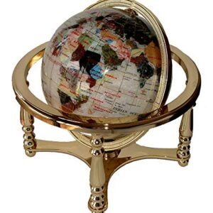 Unique Art 13" Tall 9" Diameter Pearl White Ocean Desktop 4-Leg Gold Stand Gemstone Globe