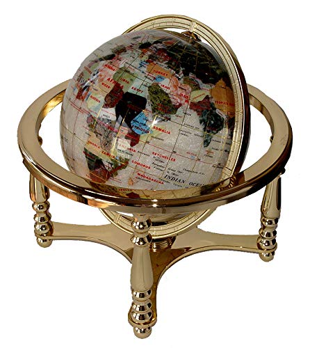 Unique Art 13" Tall 9" Diameter Pearl White Ocean Desktop 4-Leg Gold Stand Gemstone Globe