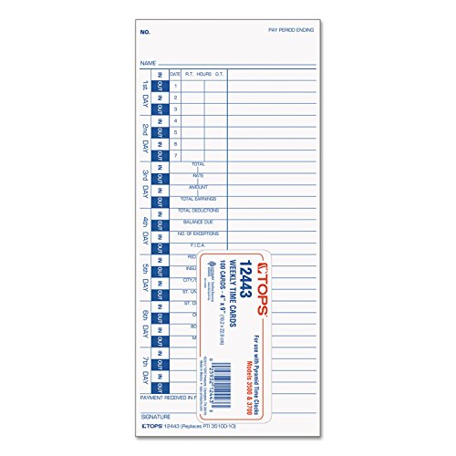 TOPS Time Cards, Weekly, 1-Sided, 4" x 9", White Stock, Blue Print, 100-Count (12443)