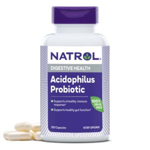 natrol acidophilus probiotic 100 mg, dietary supplement for healthy gut function, digestive health capsules for adults, 150 capsules, up to a 50 day supply