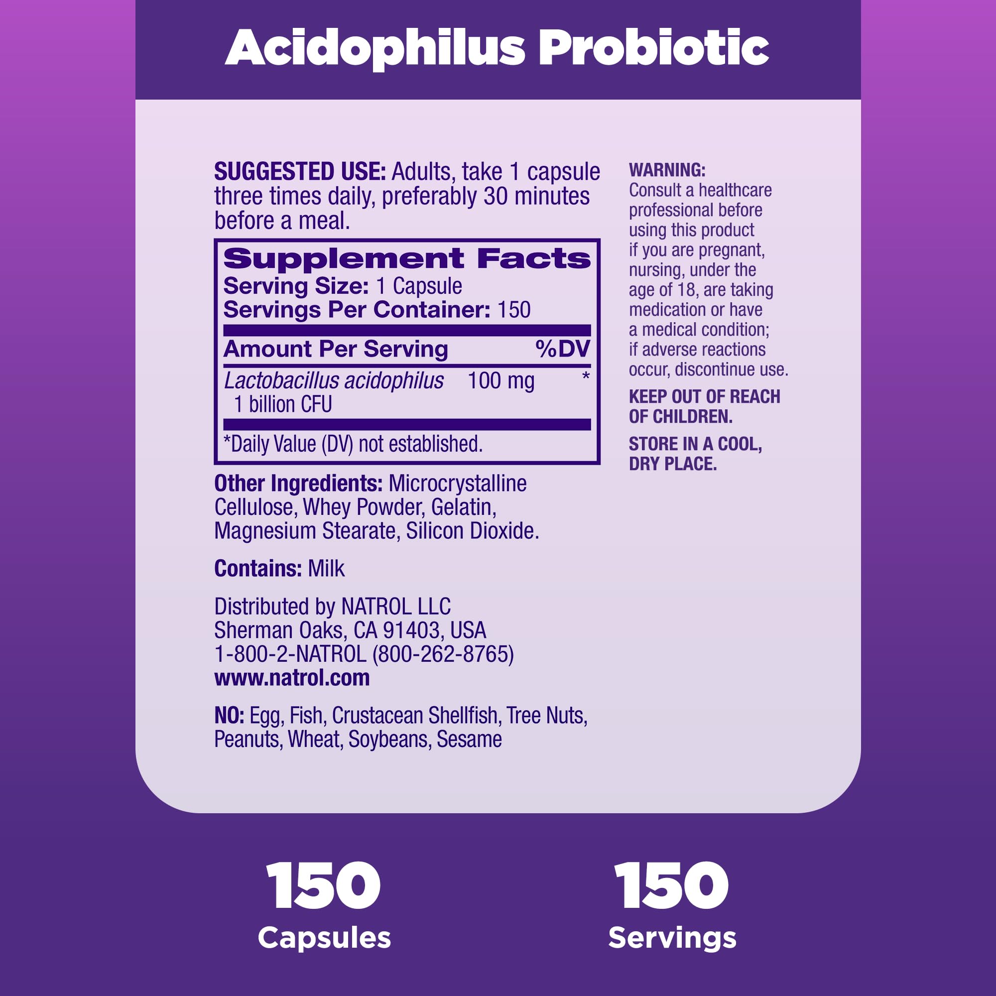 Natrol Acidophilus Probiotic 100 mg, Dietary Supplement for Healthy Gut Function, Digestive Health Capsules for Adults, 150 Capsules, Up to a 50 Day Supply