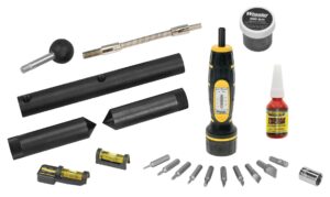 wheeler 1" scope mounting kit with manual f.a.t. wrench, level level level, alignment bars, and storage case for scope mounting