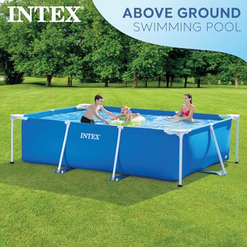 Intex 9.8' x 79" x 29.5" Rectangular Frame Above Ground Outdoor Backyard Swimming Pool with Flow Control Valve for Quick Draining, Blue