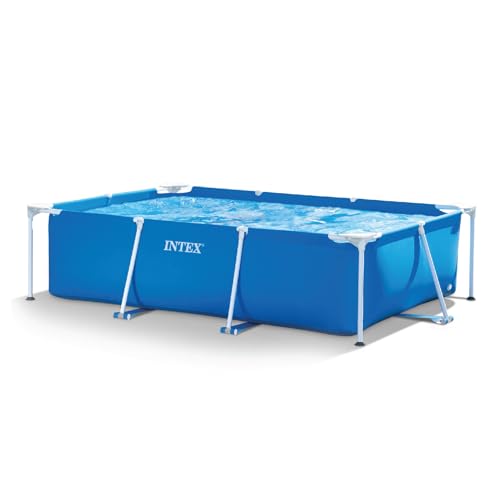 Intex 9.8' x 79" x 29.5" Rectangular Frame Above Ground Outdoor Backyard Swimming Pool with Flow Control Valve for Quick Draining, Blue