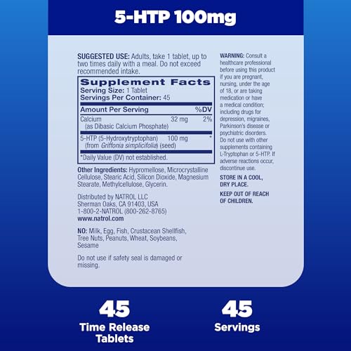 Natrol 5-HTP Time Release tablets, Promotes a Calm Relaxed Mood, Helps Maintain a Positive Outlook, Enables Production of Serotonin, Drug-Free, Controlled Release, Maximum Strength, 100mg, 45 Count