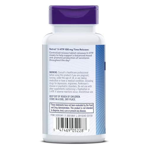 Natrol 5-HTP Time Release tablets, Promotes a Calm Relaxed Mood, Helps Maintain a Positive Outlook, Enables Production of Serotonin, Drug-Free, Controlled Release, Maximum Strength, 100mg, 45 Count