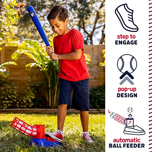 Franklin Sports Kids Baseball Pitching Machine - Pop A Pitch Baseball Batting Machine with Youth Bat + 3 Plastic Baseballs - Boys + Girls Baseball Toy,Red/Blue