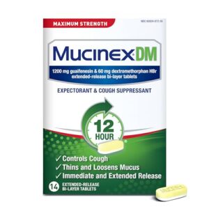 Mucinex DM 12Hr Maximum Strength Chest Congestion & Cough Medicine For Adults, Cold And Cough Medicine for Excess Mucus Relief, 1200 mg Guaifenesin & 60 mg Dextromethorphan HBr, 14 Bi-Layer Tablets