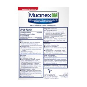 Mucinex DM 12Hr Maximum Strength Chest Congestion & Cough Medicine For Adults, Cold And Cough Medicine for Excess Mucus Relief, 1200 mg Guaifenesin & 60 mg Dextromethorphan HBr, 14 Bi-Layer Tablets