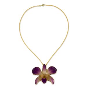 NOVICA Artisan Handmade Natural Orchid Brooch Pin Necklace Gold Plated Flower Pendant Leaf No Stone Thailand Floral [17.75 in L Pendant(s) 2.2 in L x 2.6 in W x 1.1 in D] ' Orchid Fantasy'