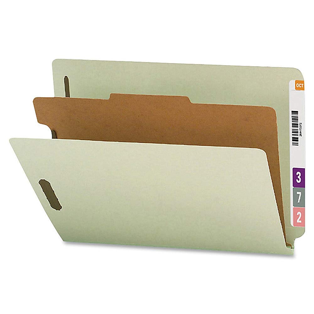 Smead 100% Recycled End Tab Pressboard Classification File Folder with SafeSHIELD Fasteners, 1 Divider, 2" Expansion, Letter Size, Gray/Green, 10 per Box (26800)