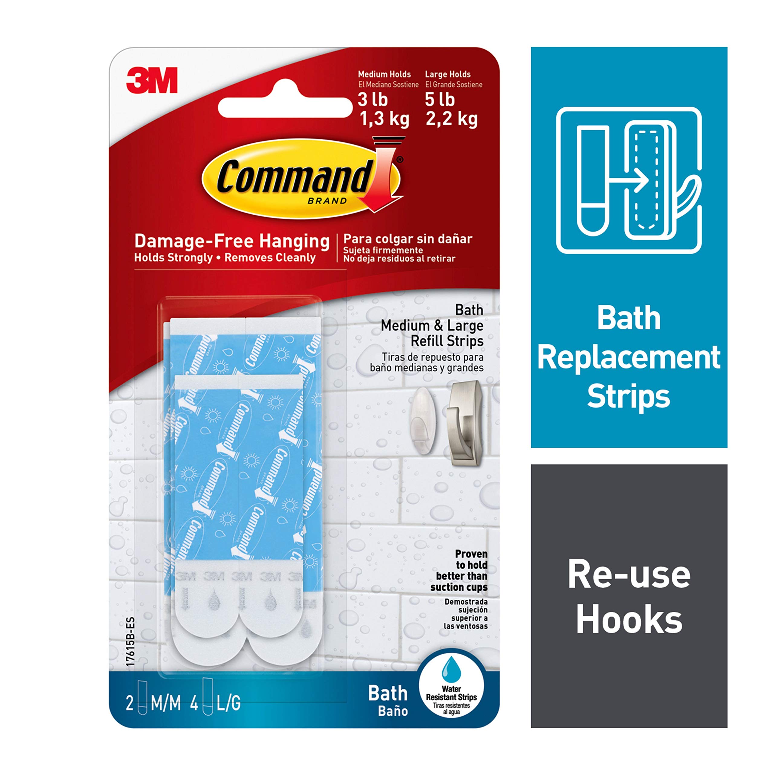 Command Bath Water-Resistant Adhesive Refill Strips, Re-Hang Medium and Large Bath Hooks or Caddies, 2 Medium Strips, 4 Large Strips