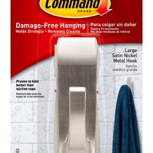 Command Modern Reflections Large Metal Bath Hook, Satin Nickel, 1-Hook with Water-Resistant Strips, Organize Damage-Free