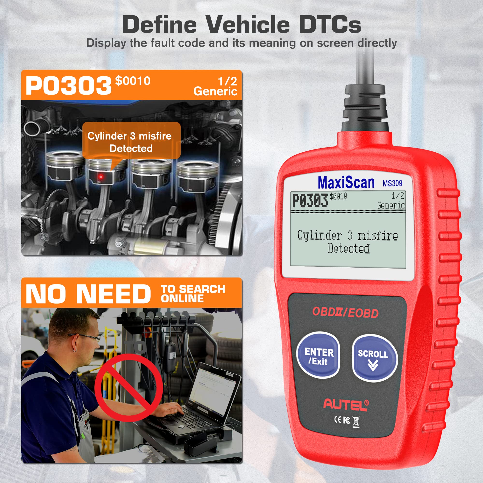 Autel OBD2 Scanner 2023 Newest MS309 Automotive Check Engine Code Reader, Check Emission Monitor Status, CAN Diagnostic Scan Tool for All OBDII Protocol Vehicles After 1996