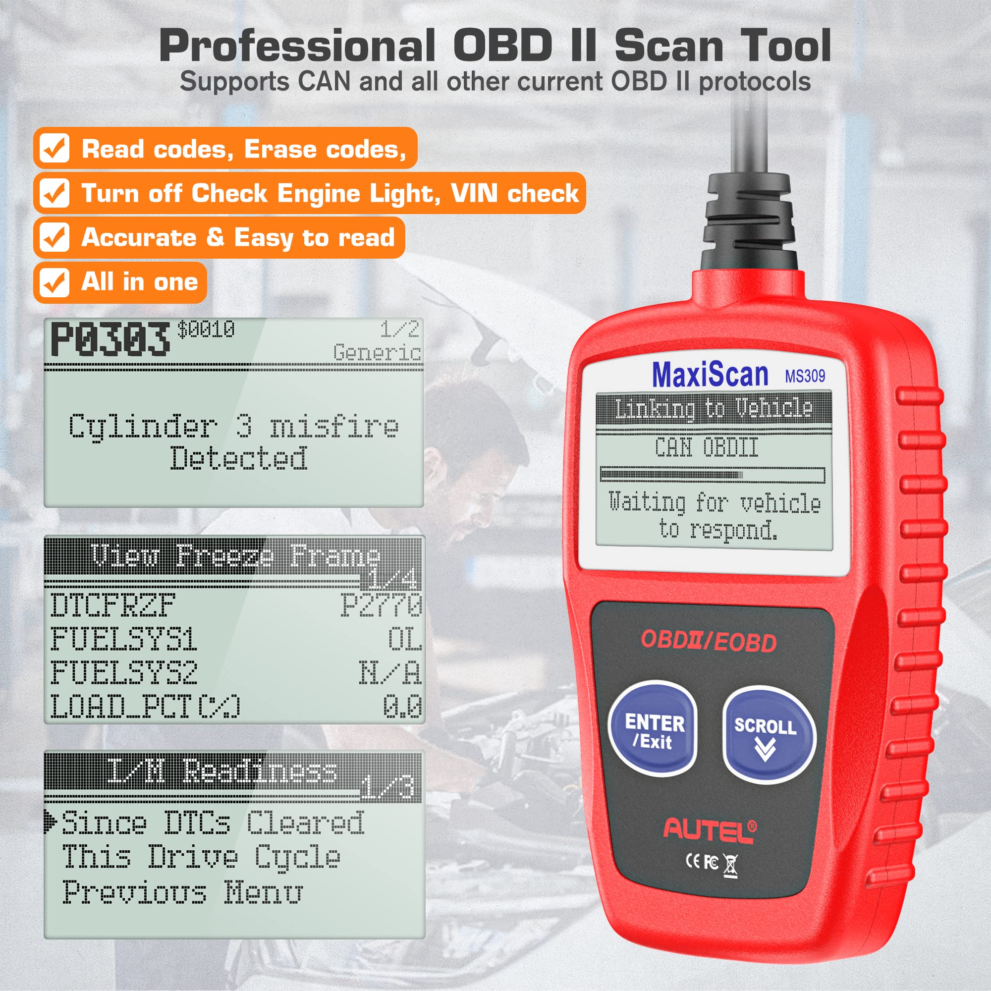 Autel OBD2 Scanner 2023 Newest MS309 Automotive Check Engine Code Reader, Check Emission Monitor Status, CAN Diagnostic Scan Tool for All OBDII Protocol Vehicles After 1996