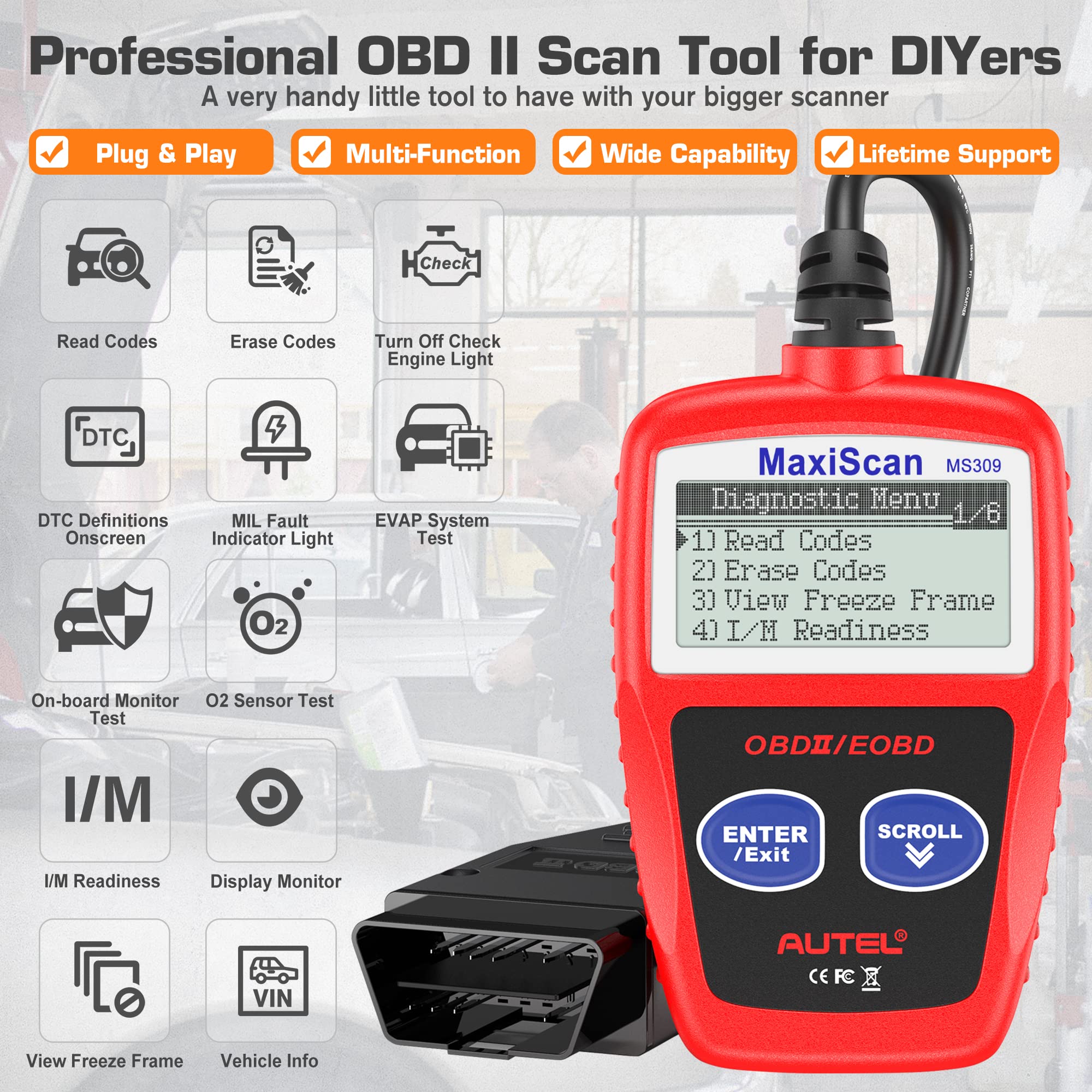 Autel OBD2 Scanner 2023 Newest MS309 Automotive Check Engine Code Reader, Check Emission Monitor Status, CAN Diagnostic Scan Tool for All OBDII Protocol Vehicles After 1996