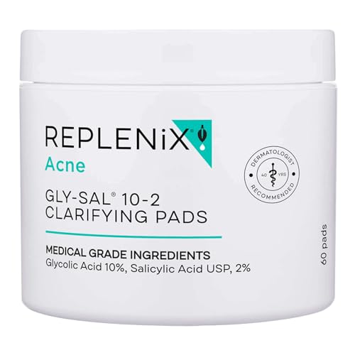 Replenix Gly-Sal 10-2 Clarifying Pads, Medical-Grade Exfoliating Cleansing Wipes for Acne-Prone Skin, Oil-Free Facial Treatment with Witch Hazel, 10% Glycolic & 2% Salicylic Acids (60 ct.)