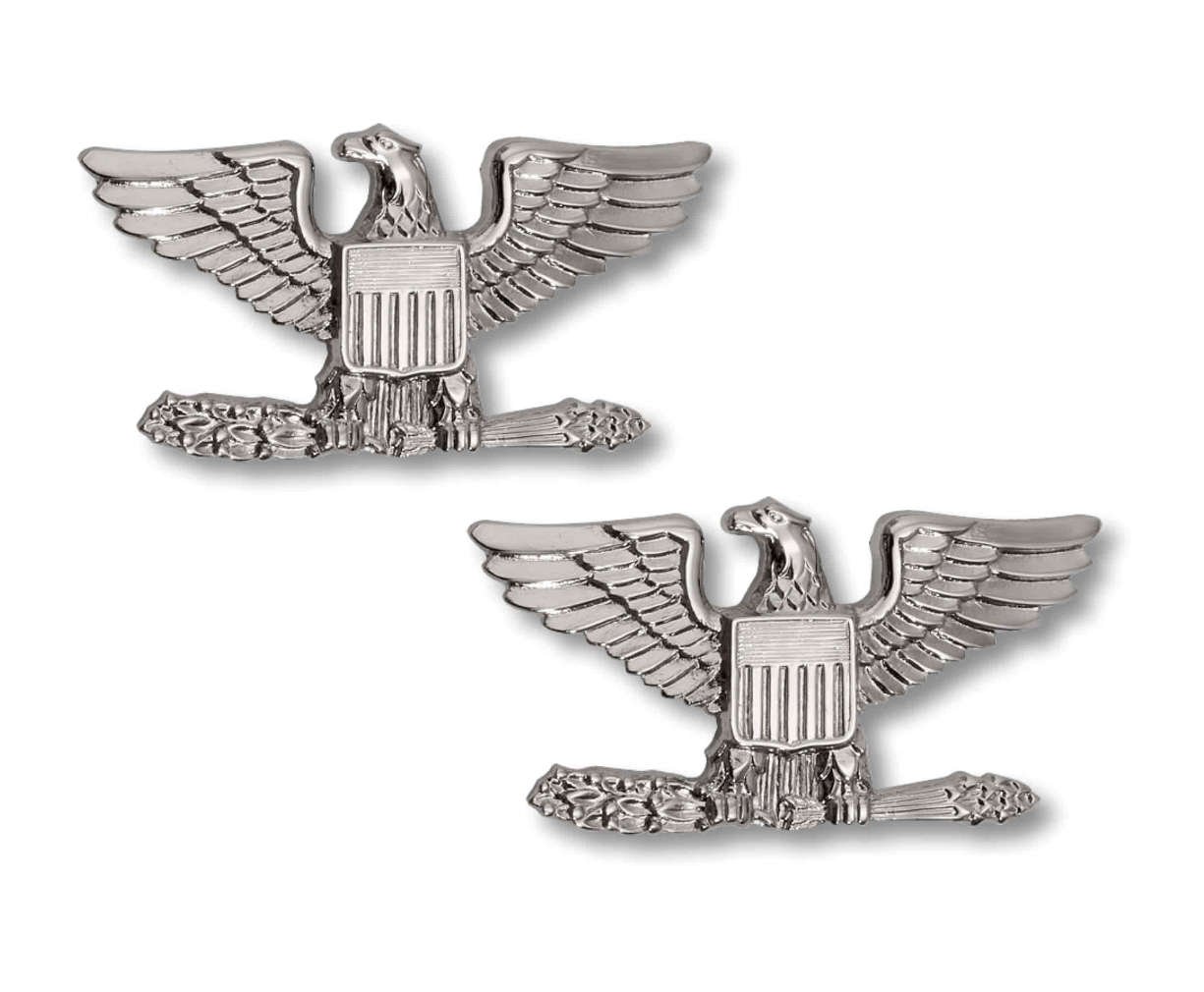 COLONEL EAGLE SILVER NICKEL UNIFORM COLLAR BRASS PINS INSIGNIA EMBLEM ARMY MILITARY POLICE, SMALL 1" x 1/2" (Sold as PAIR, 2 Included !)