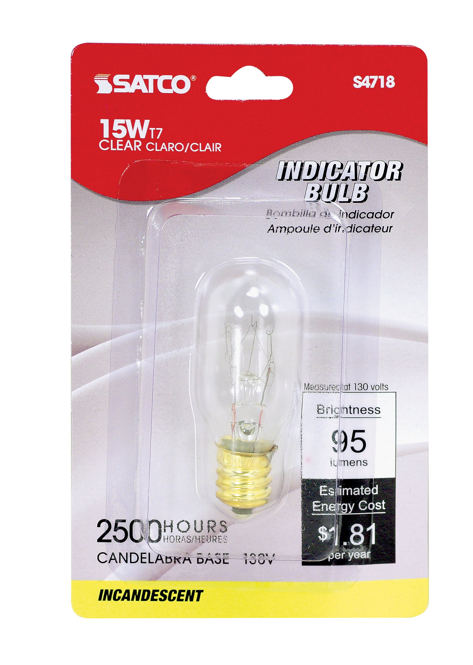 Satco S4718 130V Candelabra Base 15-Watt T7 Light Bulb, Clear