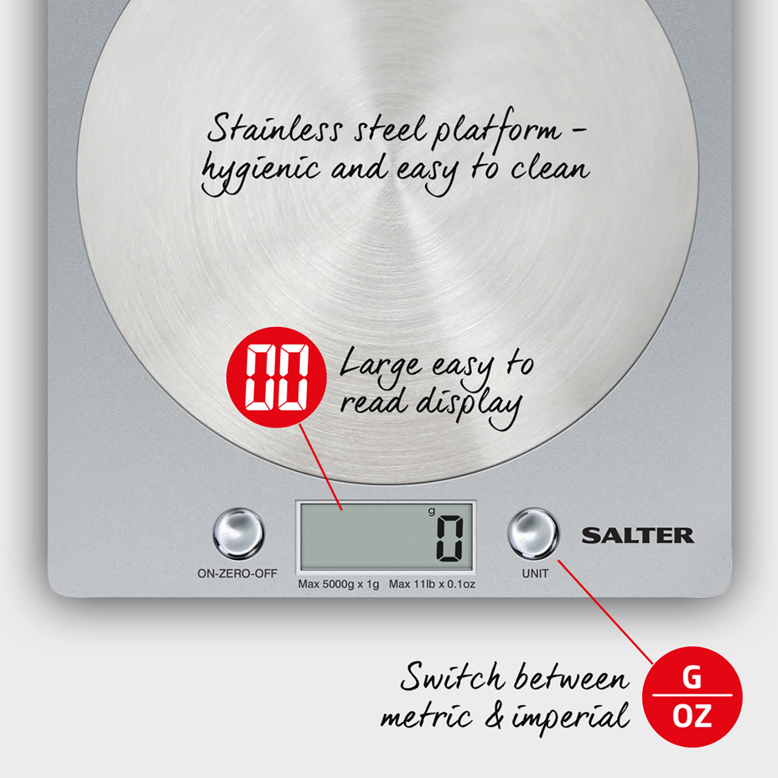 Salter Digital Kitchen Weighing Scales - Slim Design Electronic Cooking Appliance for Home/Kitchen, Weigh Food up to 5kg Aquatronic for Liquids ml and fl. Oz. 15Yr Guarantee - Silver