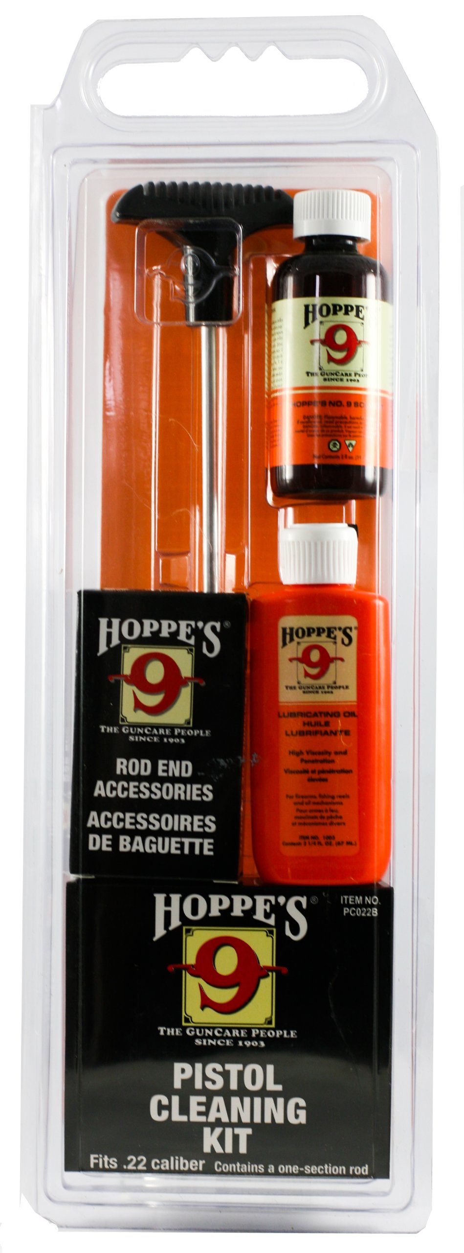 Hoppe's No. 9 Cleaning Kit with Aluminum Rod, .22 Caliber Pistol ,one 2 oz. bottle of cleaning solvent and one 2-1/4 oz. lubricating oil