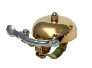 crane bike bell, brass, suzu bicycle bell, made in japan for city bikes, cruisers, road bikes or mtb, fits bars diameters 22.2 to 26.0mm