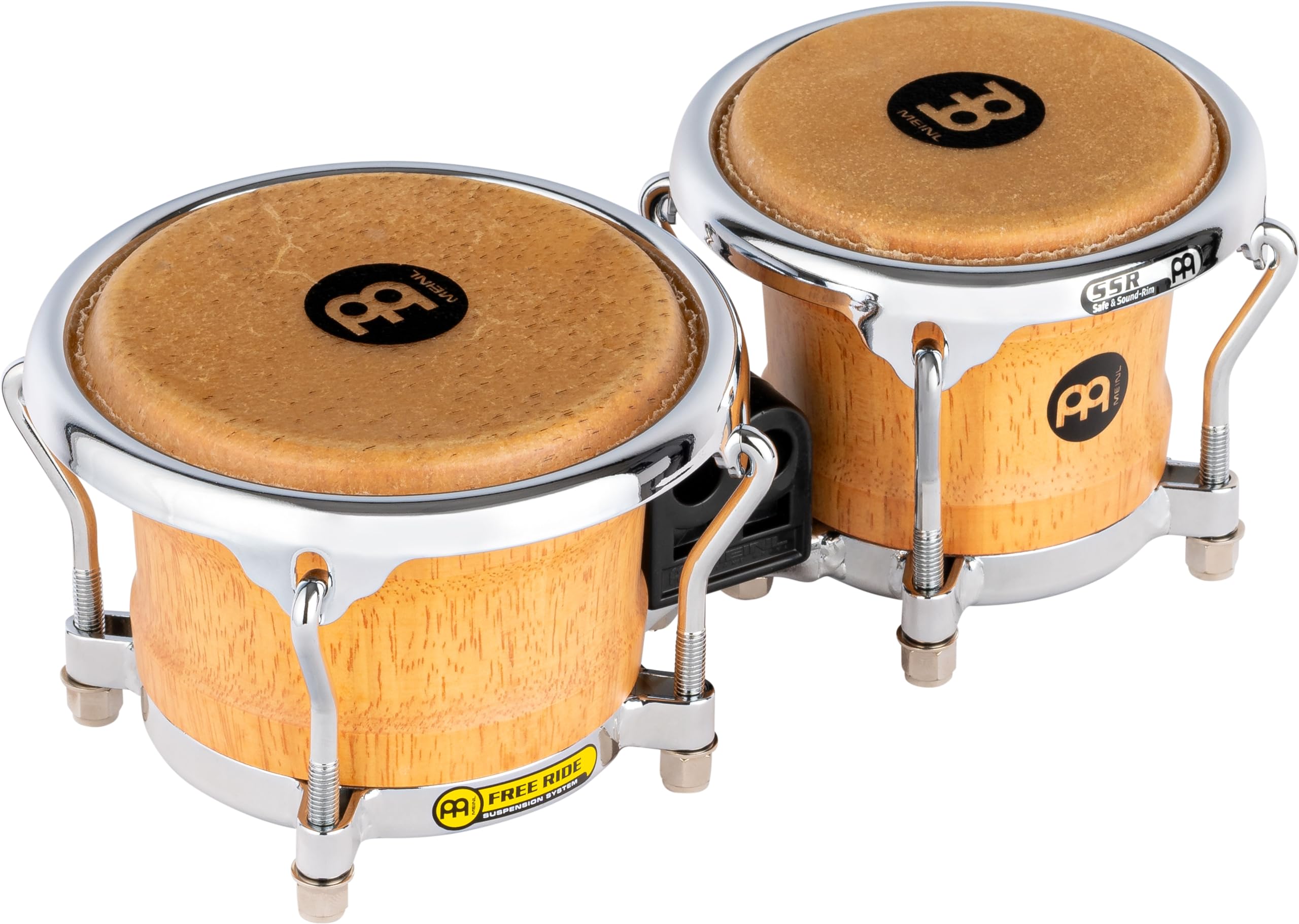 Meinl Percussion Rubberwood Stave Shells, Miniature Size — NOT MADE in CHINA — Free Ride Suspension System and True Skin Buffalo Heads, TWO-YEAR WARRANTY, Mini Wood Bongos (FWB100SNT-M)