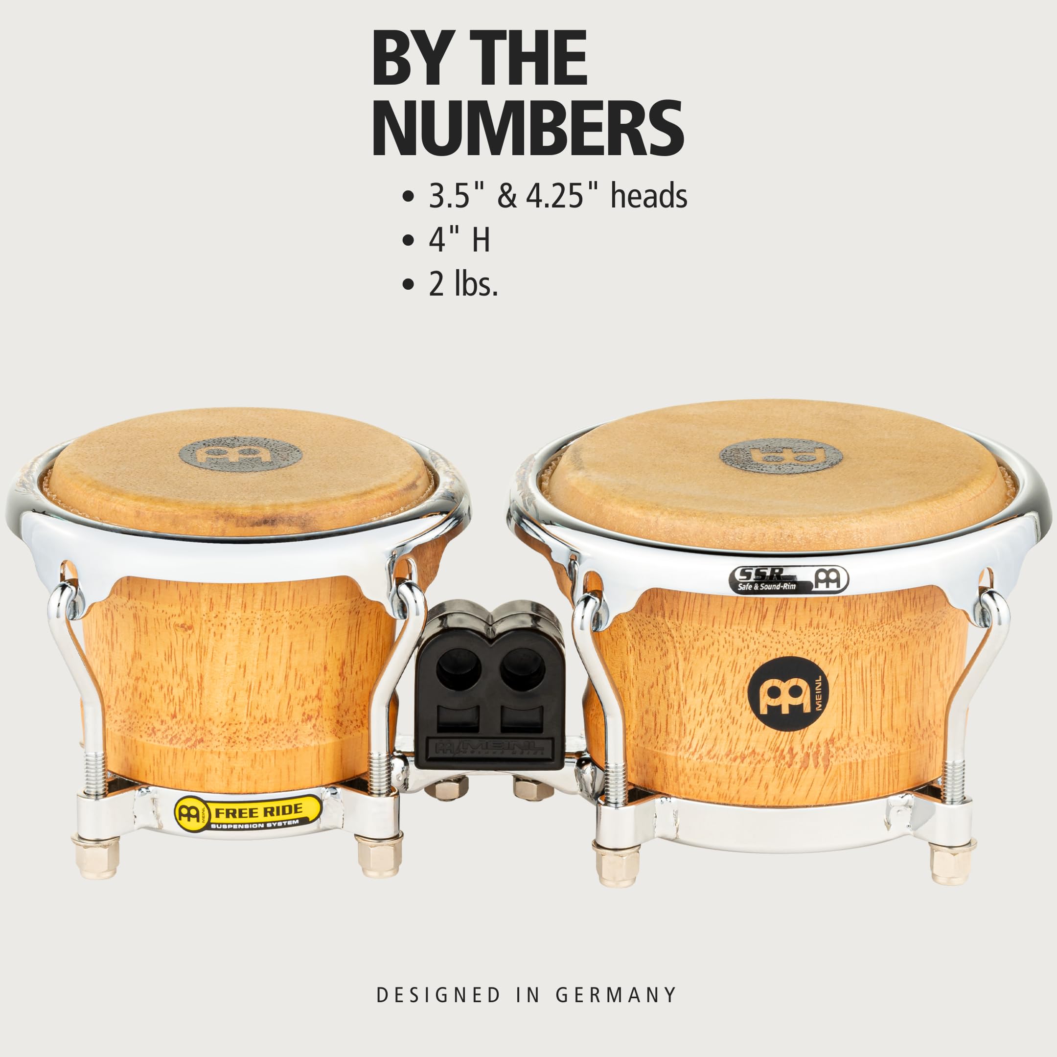 Meinl Percussion Rubberwood Stave Shells, Miniature Size — NOT MADE in CHINA — Free Ride Suspension System and True Skin Buffalo Heads, TWO-YEAR WARRANTY, Mini Wood Bongos (FWB100SNT-M)