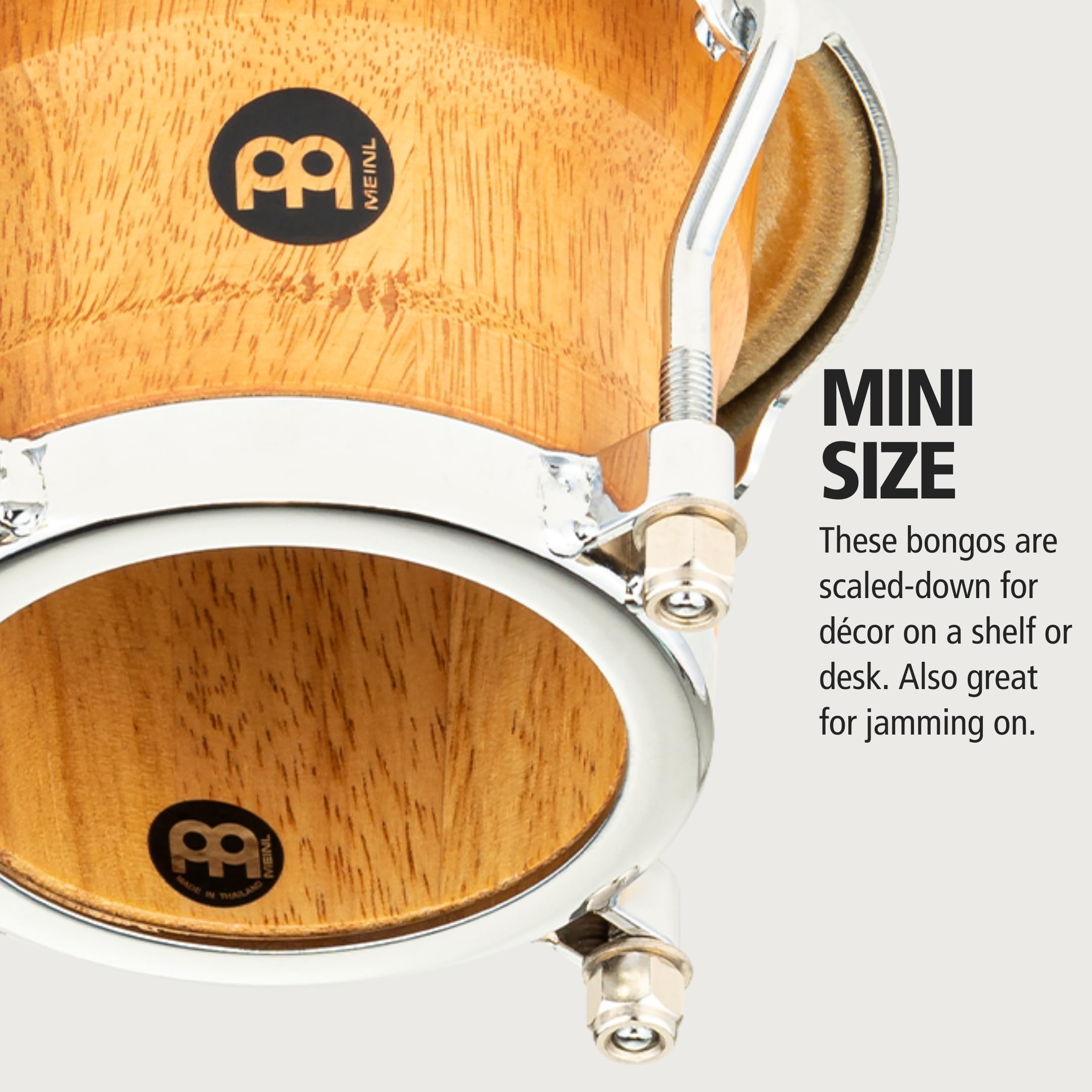 Meinl Percussion Rubberwood Stave Shells, Miniature Size — NOT MADE in CHINA — Free Ride Suspension System and True Skin Buffalo Heads, TWO-YEAR WARRANTY, Mini Wood Bongos (FWB100SNT-M)