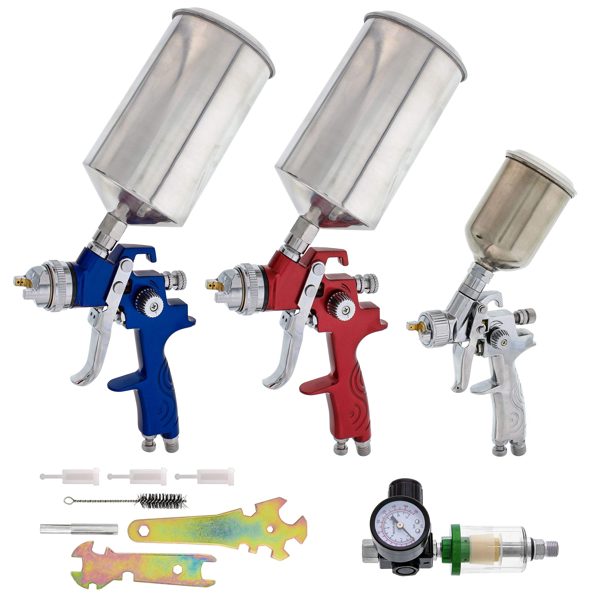 TCP Global Brand HVLP Spray Gun Set - 3 Sprayguns with Cups, Air Regulator & Maintenance Kit for All Auto Paint, Primer, Topcoat & Touch-Up, One Year Warranty