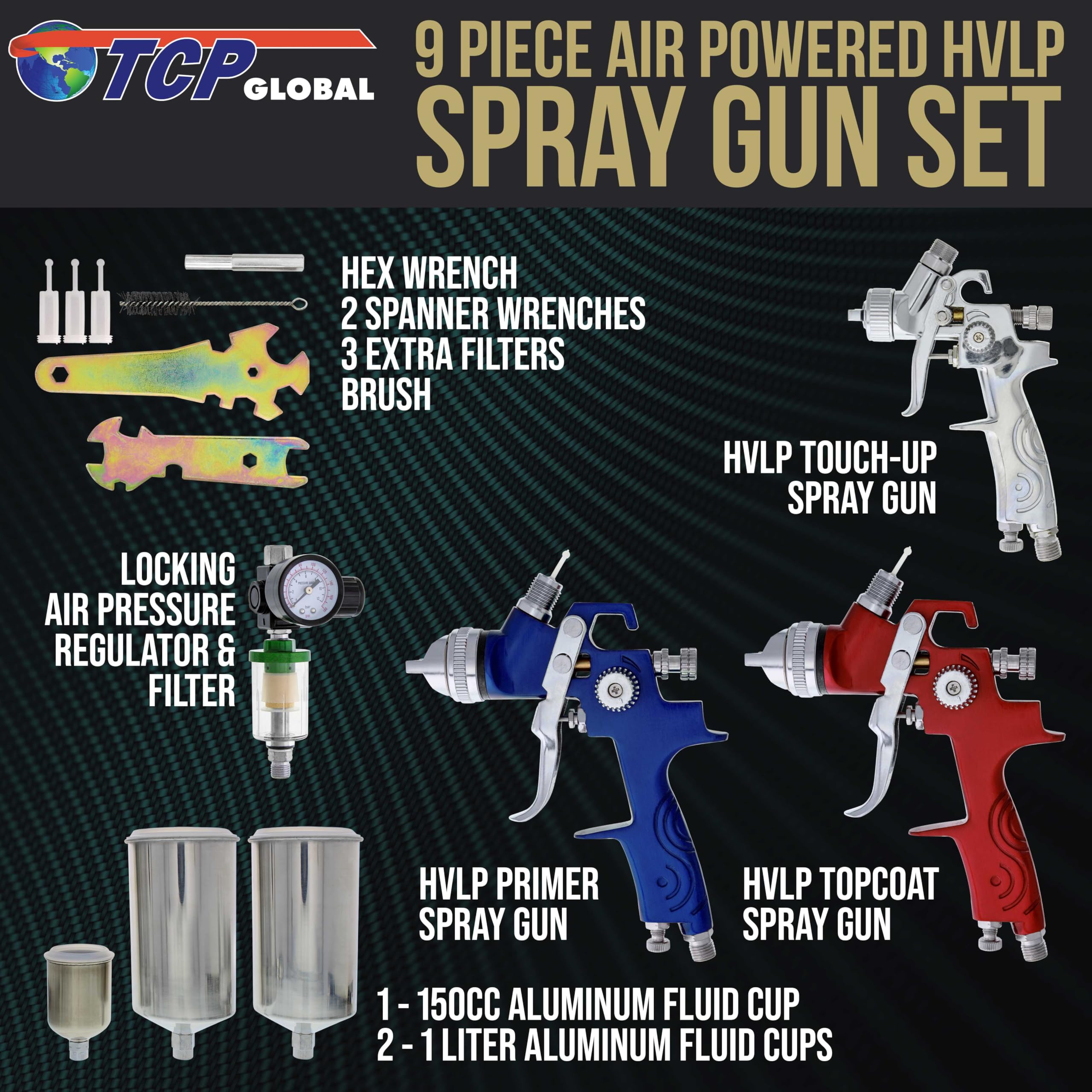 TCP Global Brand HVLP Spray Gun Set - 3 Sprayguns with Cups, Air Regulator & Maintenance Kit for All Auto Paint, Primer, Topcoat & Touch-Up, One Year Warranty